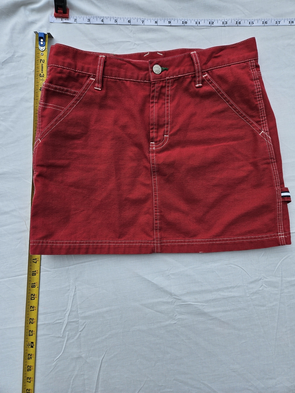 Tommy Hilfiger Red Carpenter Mini Skirt with White Topstitching Size 7
